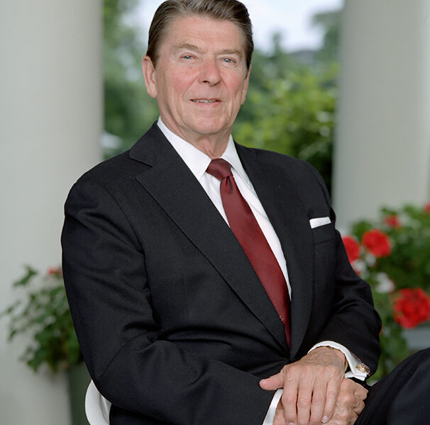 President Ronald Reagan posing ouside the Oval Office