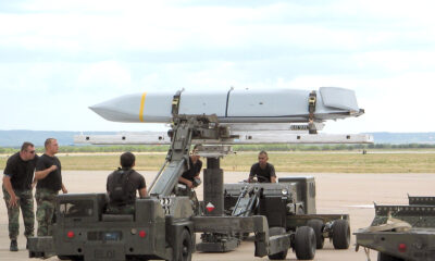 A Joint Air-to-Serface Standoff Missile (JASSM-ER) loading onto a B-1B Lancer