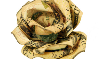 Ten-dollar bill crumpled into an imitation of a rose