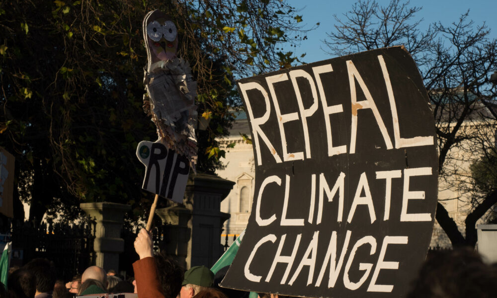 Picket signs protesting the specter of climate change from the Extinction Rebelliion