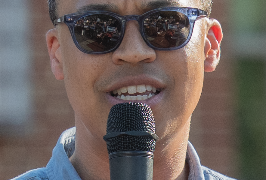 Jay Jones addresses a friendly rally in Fairfax, Virginia