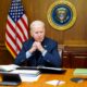 Joe Biden as President seated at the desk in the Presidential office at Camp David