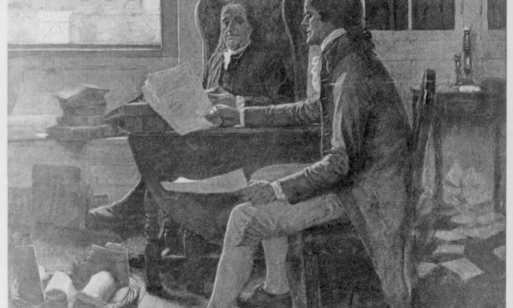 Inventors of the liberal spirit (?) - Thomas Jefferson and Benjamin Franklin reviewing a rough of the Declaration of Independence