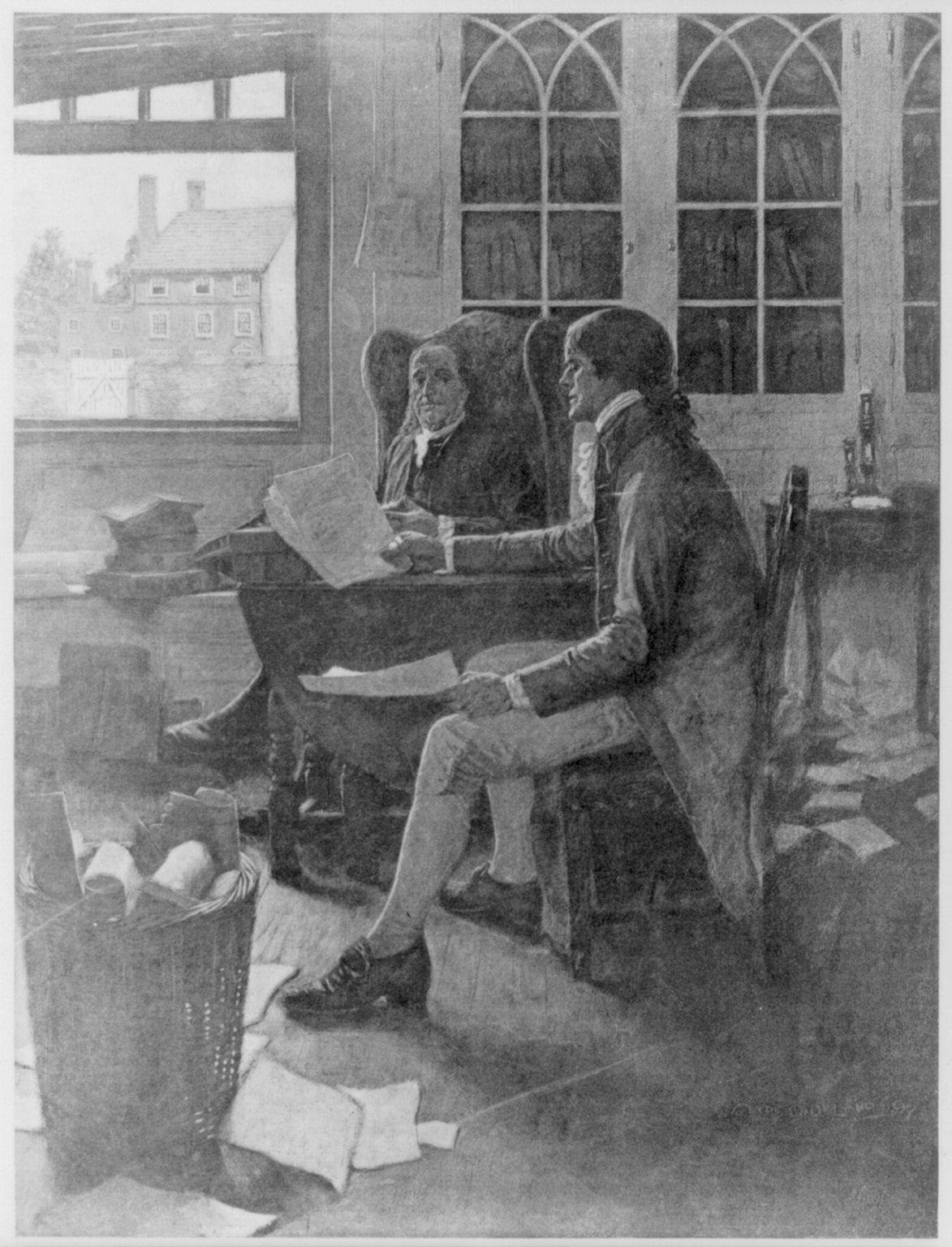 Inventors of the liberal spirit (?) - Thomas Jefferson and Benjamin Franklin reviewing a rough of the Declaration of Independence