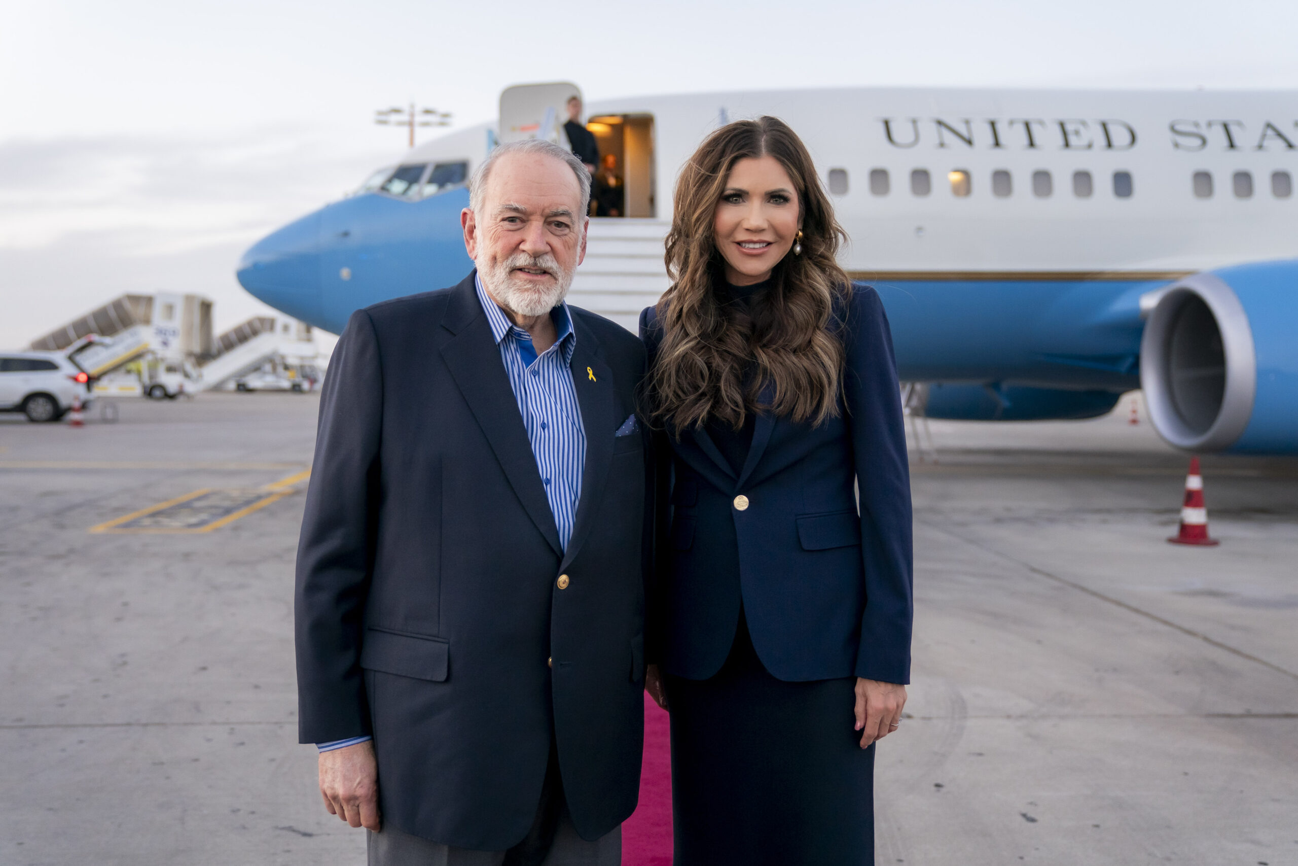 US Ambassador to Israel Mike Huckabee and SecHomeSec Kristi Noem at Ben Gurion Airport in Tel Aviv, Israel