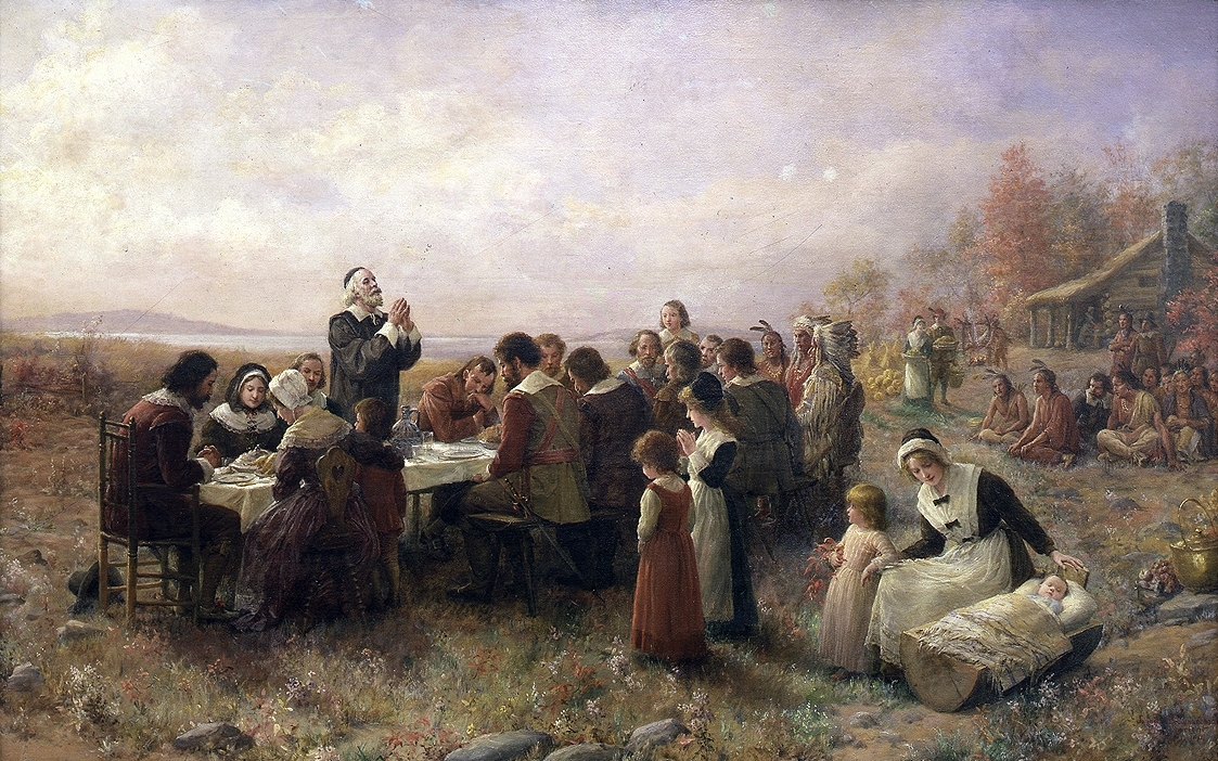 The first Thanksgiving feast - landscape painting by Brownscombe