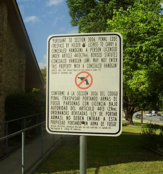 A property in Austin, Texas displays a private gun-free zone sign