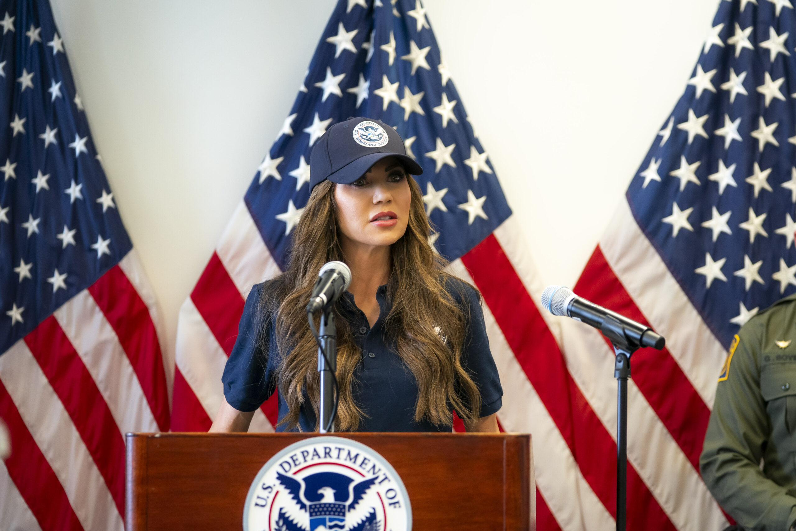 Kristi Noem, former Governor of South Dakota and now SecHomeSec, travels to Los Angeles, California to discuss immigration enforcement