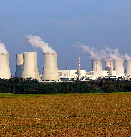 Dukovany nuclear power plant with low-lying containment buildings and tall, broad, tapered cooling towers