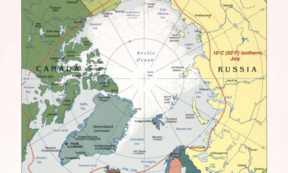Polar map of the Arctic region, showing Greenland in stark relief between North America and Europe and especially Russia