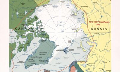 Polar map of the Arctic region, showing Greenland in stark relief between North America and Europe and especially Russia