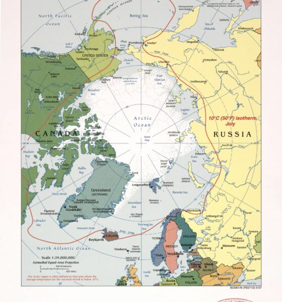 Polar map of the Arctic region, showing Greenland in stark relief between North America and Europe and especially Russia