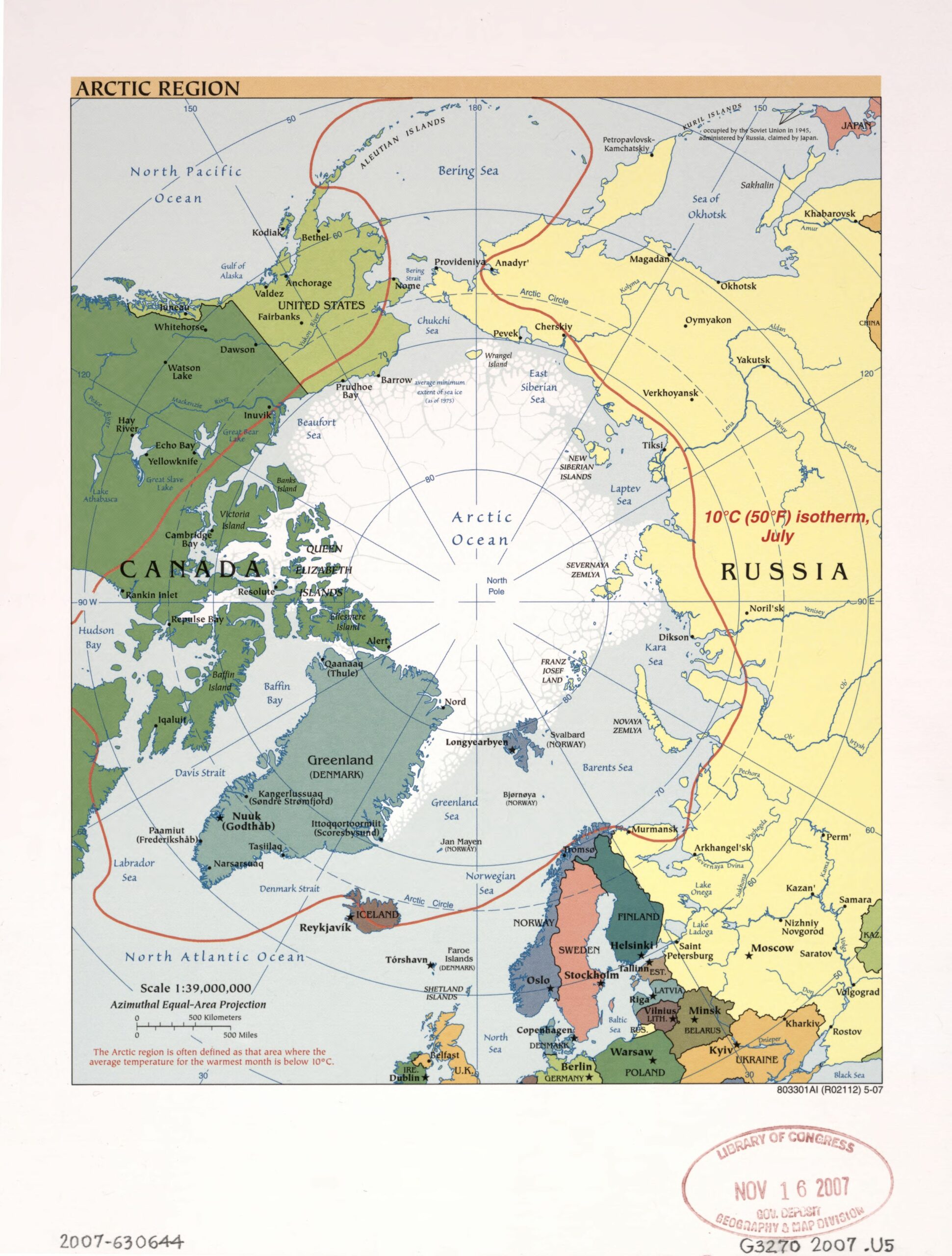 Polar map of the Arctic region, showing Greenland in stark relief between North America and Europe and especially Russia