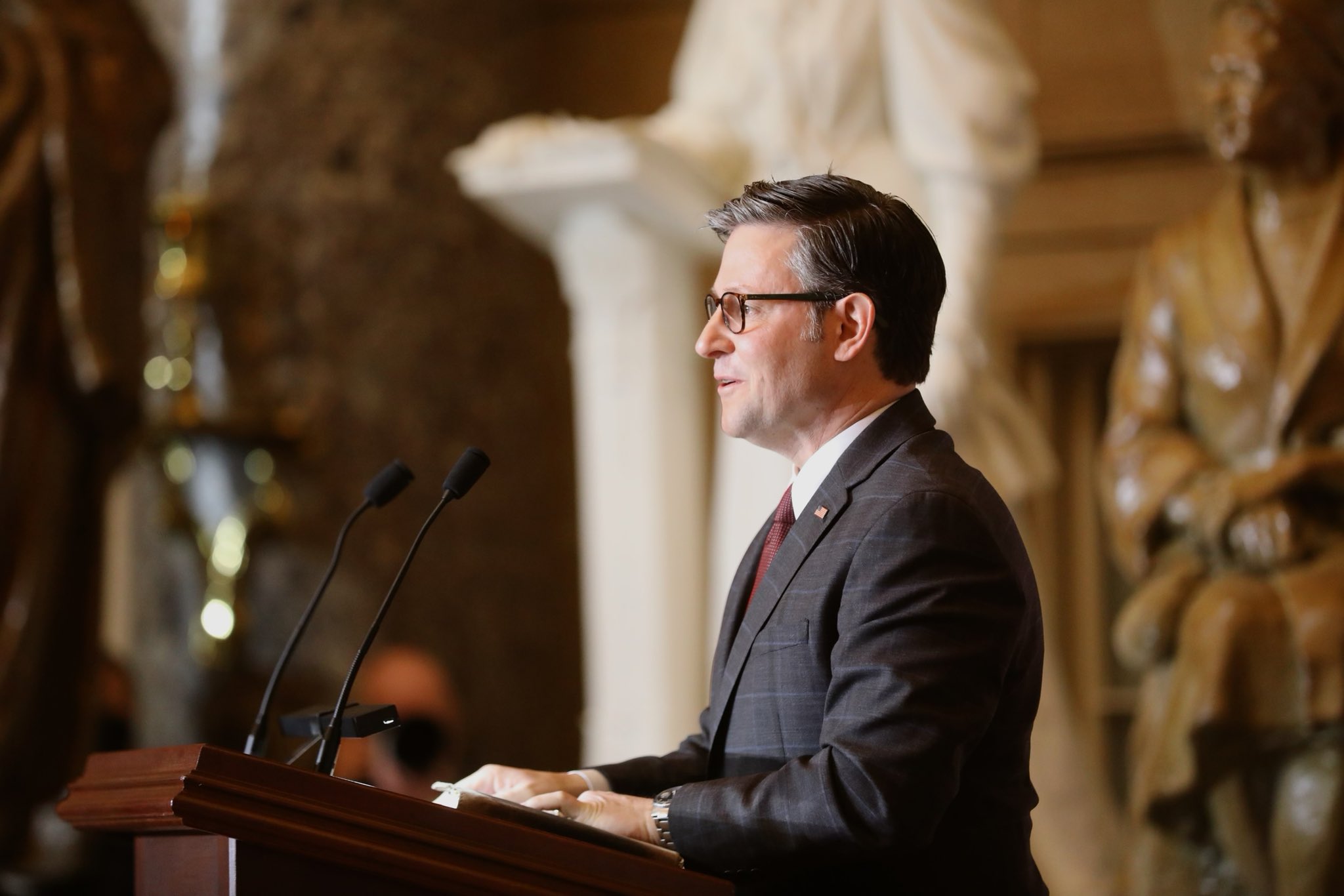 Representative Mike Johnson (R-La.), Speaker of the House of Representatives, addresses the National Prayer Breakfast