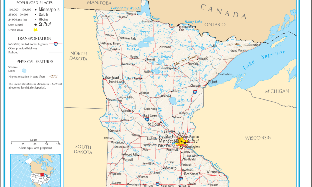 Highway and city map of Minnesota showing the Twin Cities and the Thousand Lakes