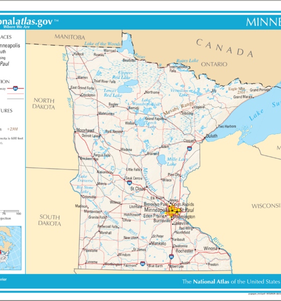 Highway and city map of Minnesota showing the Twin Cities and the Thousand Lakes