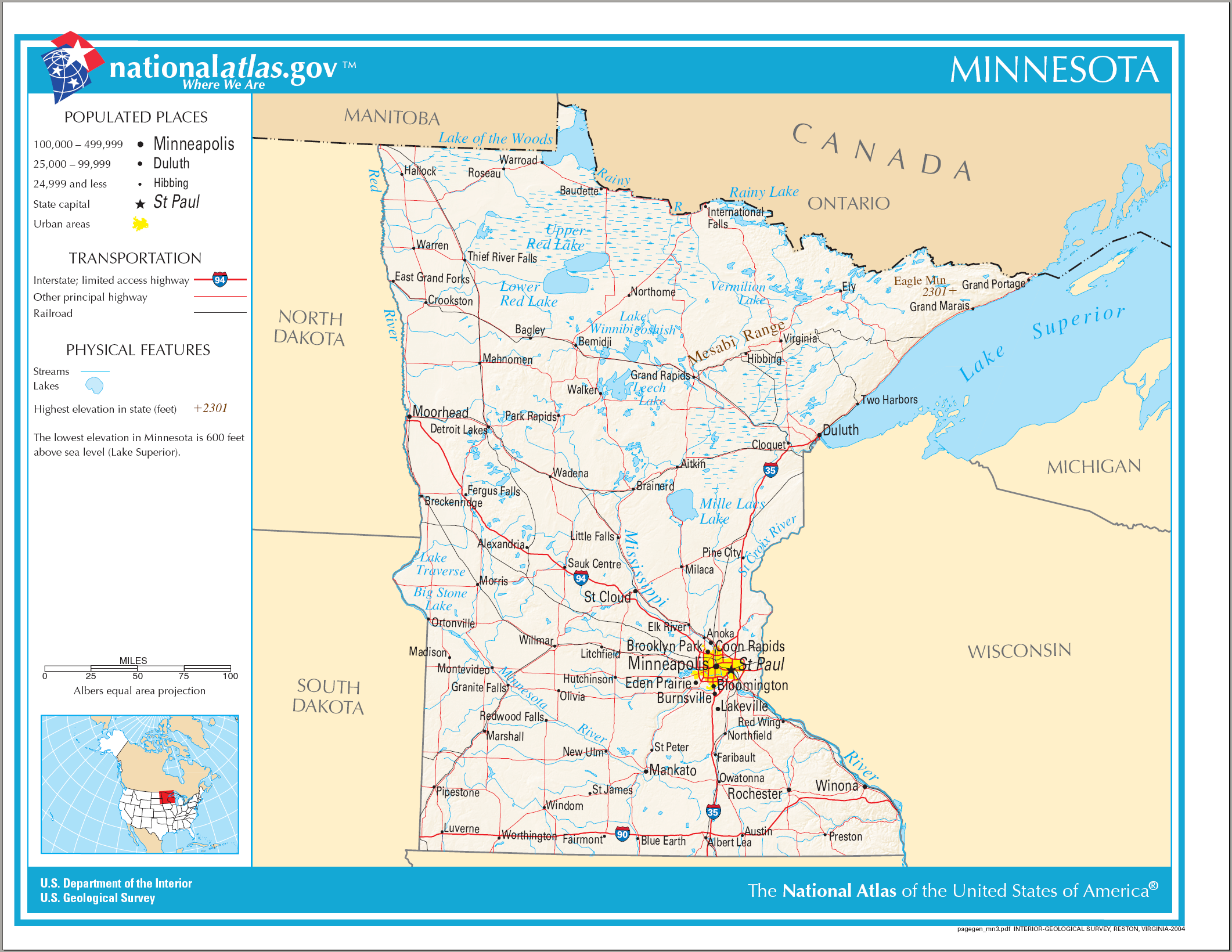 Highway and city map of Minnesota showing the Twin Cities and the Thousand Lakes