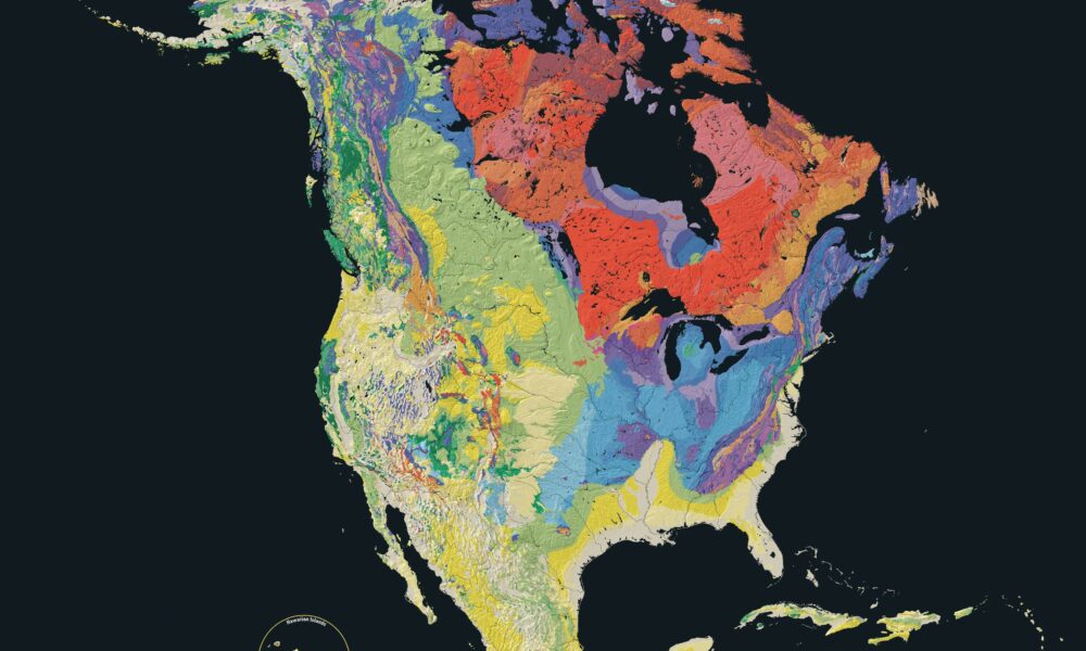 North America physical-relief map, showing the distinctive terrain of Canada