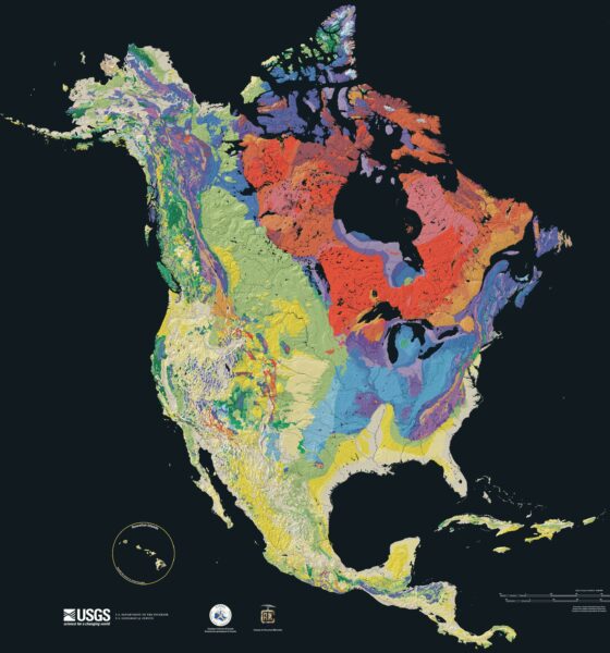 North America physical-relief map, showing the distinctive terrain of Canada
