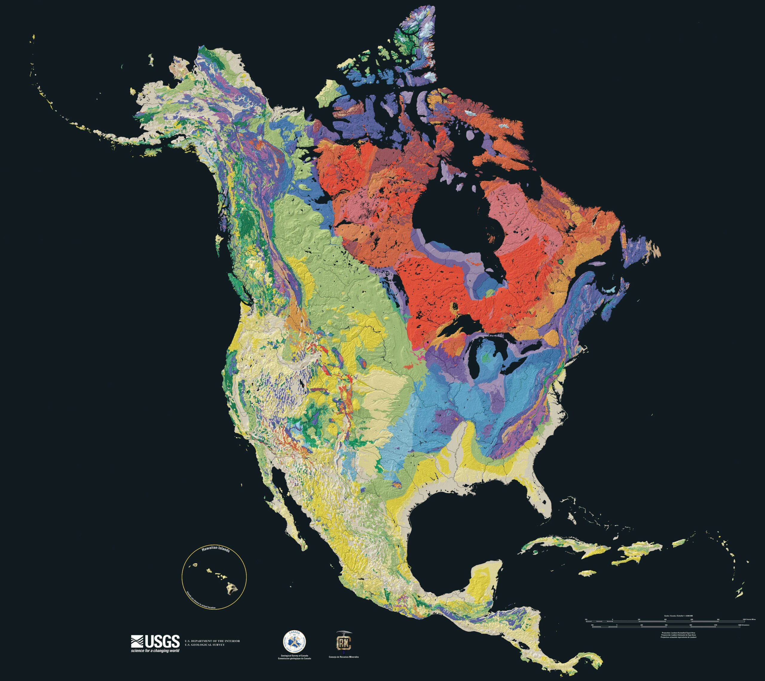 North America physical-relief map, showing the distinctive terrain of Canada