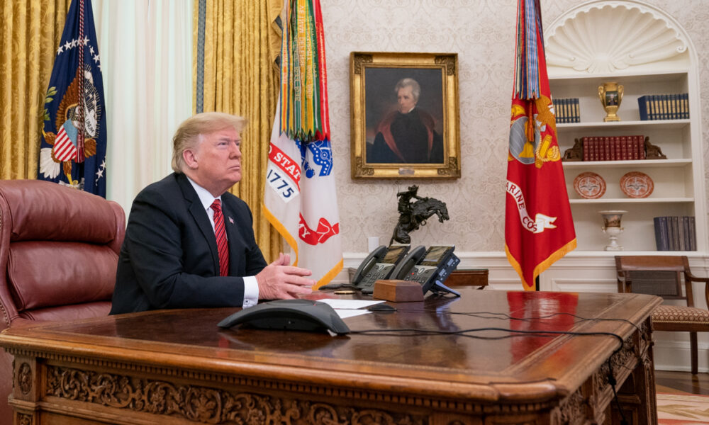 President Donald Trump participates in a video teleconference on Christmas Day, December 25, 2018, with military service members stationed abroad