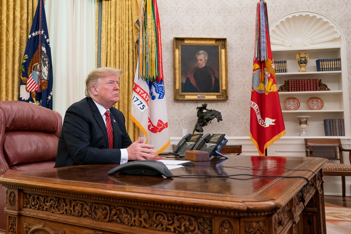 President Donald Trump participates in a video teleconference on Christmas Day, December 25, 2018, with military service members stationed abroad