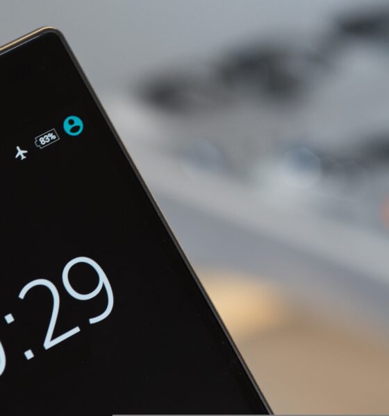 A smartphone display screen, showing the time and that the phone is in "airplane mode" with 83 percent battery charge