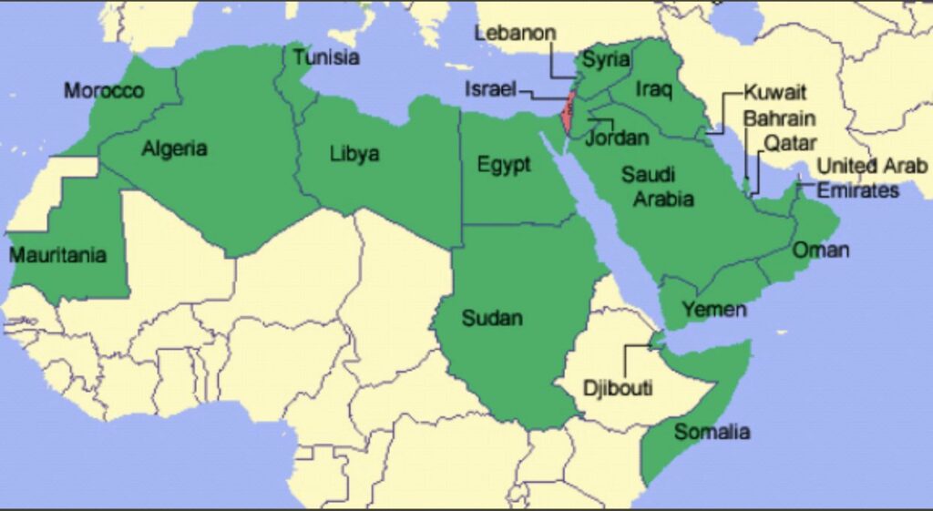 Arab world (green) and Israel (red)