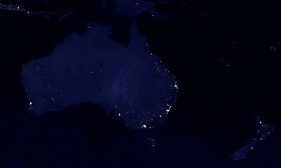 Satellite image of Australia at night, showing especially the population centers of Sydney, Melbourne, Perth, and Canberra.