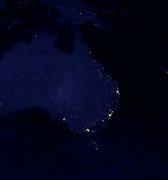 Satellite image of Australia at night, showing especially the population centers of Sydney, Melbourne, Perth, and Canberra.