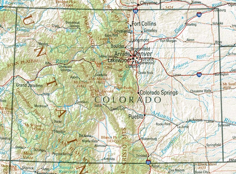 Map of Colorado centered on Denver