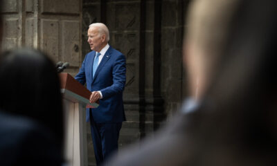 President Joe Biden addresses the 2023 North American Leaders' Summit in Mexico City, along with then-SecHomeSec Alejandro Mayorkas