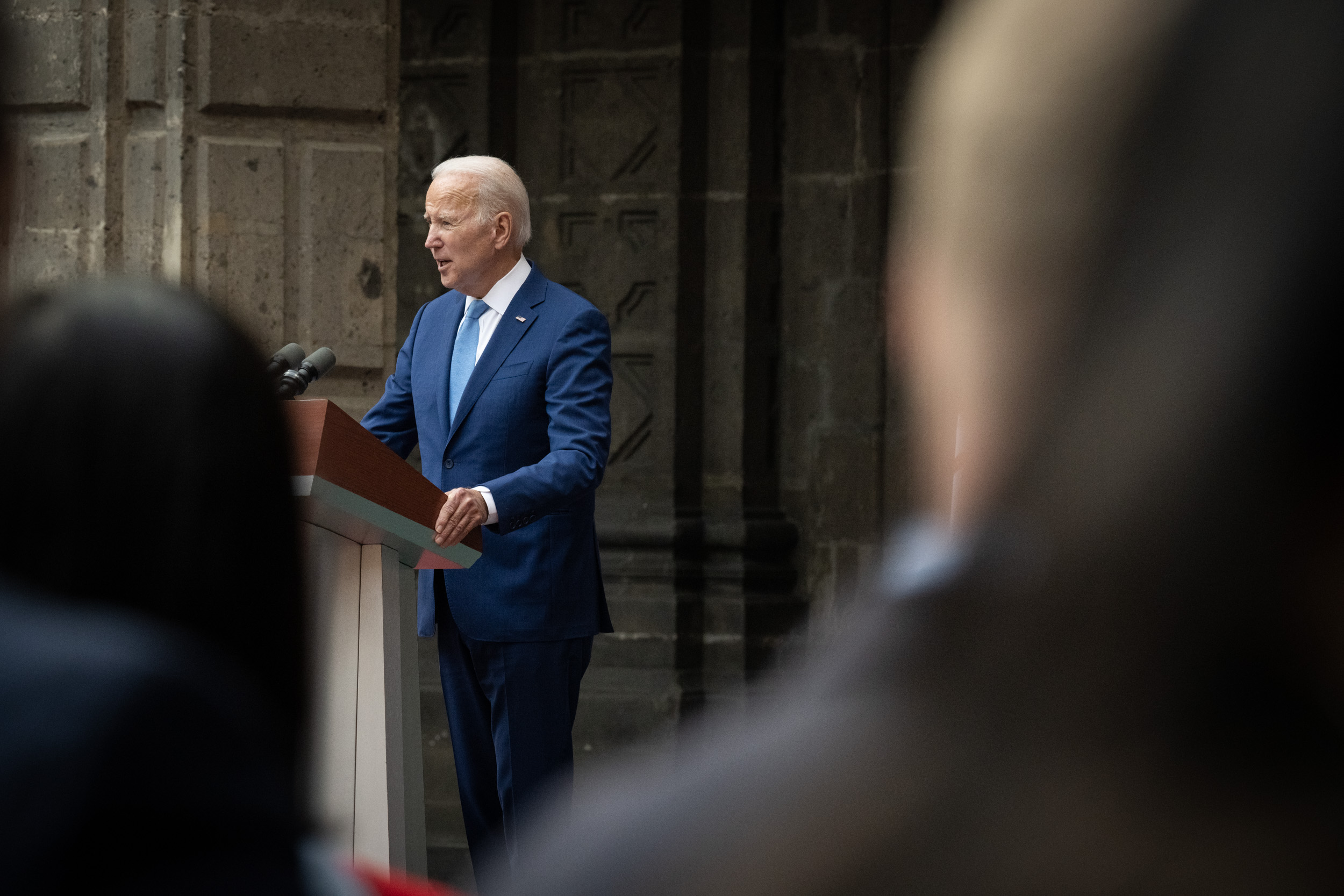 President Joe Biden addresses the 2023 North American Leaders' Summit in Mexico City, along with then-SecHomeSec Alejandro Mayorkas