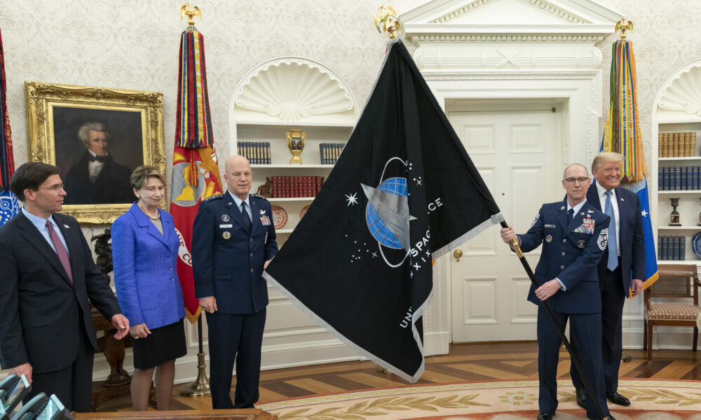 Flag of the United States Space Force unfurled at the White House