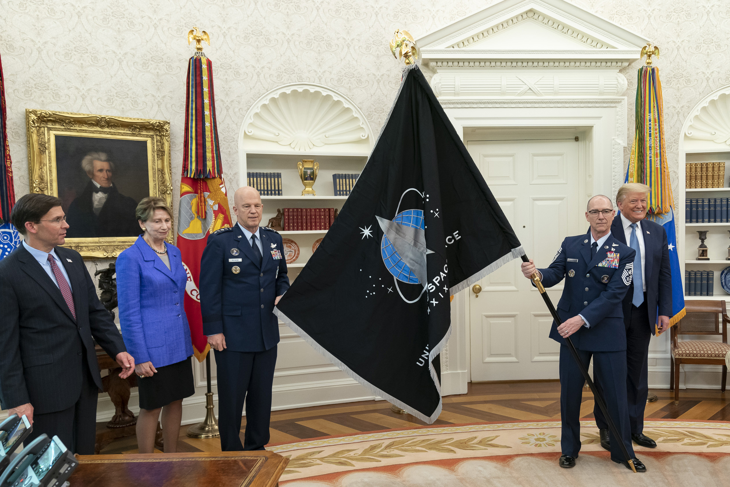 Flag of the United States Space Force unfurled at the White House