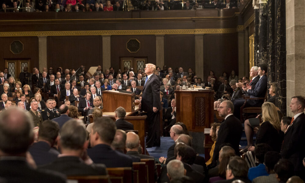 Donald Trump delivers a SOTU (State of the Union) address in January 2018 during his first term.