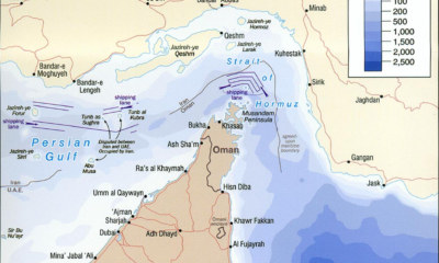 Map of the Strait of Hormuz separating the Persian Gulf (inland) from the Gulf of Oman