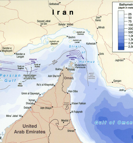 Map of the Strait of Hormuz separating the Persian Gulf (inland) from the Gulf of Oman
