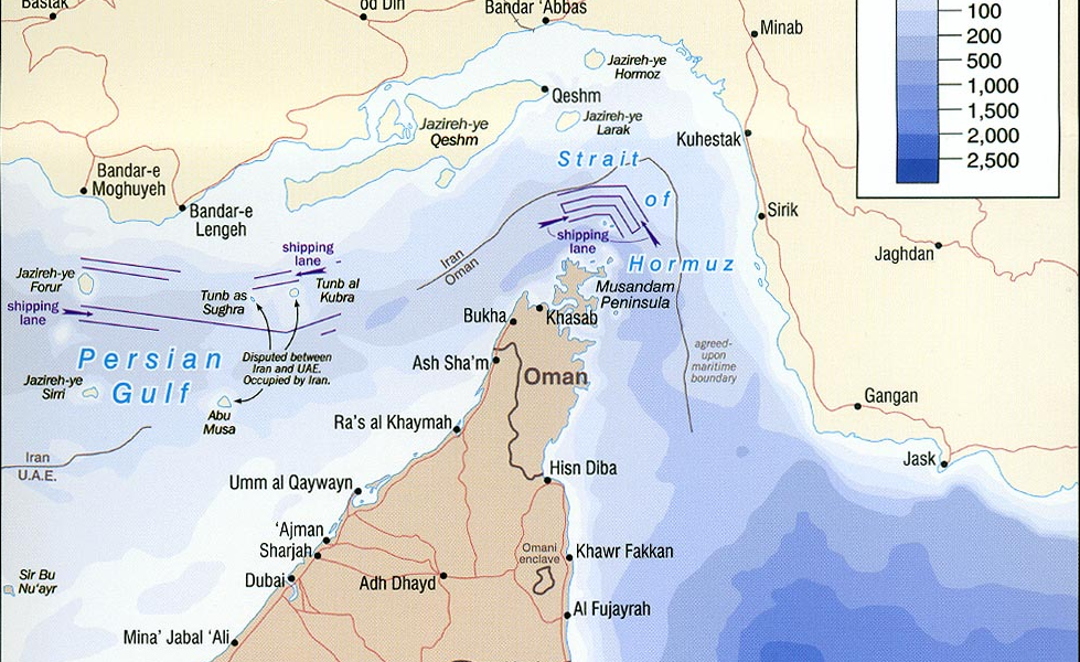 Map of the Strait of Hormuz separating the Persian Gulf (inland) from the Gulf of Oman