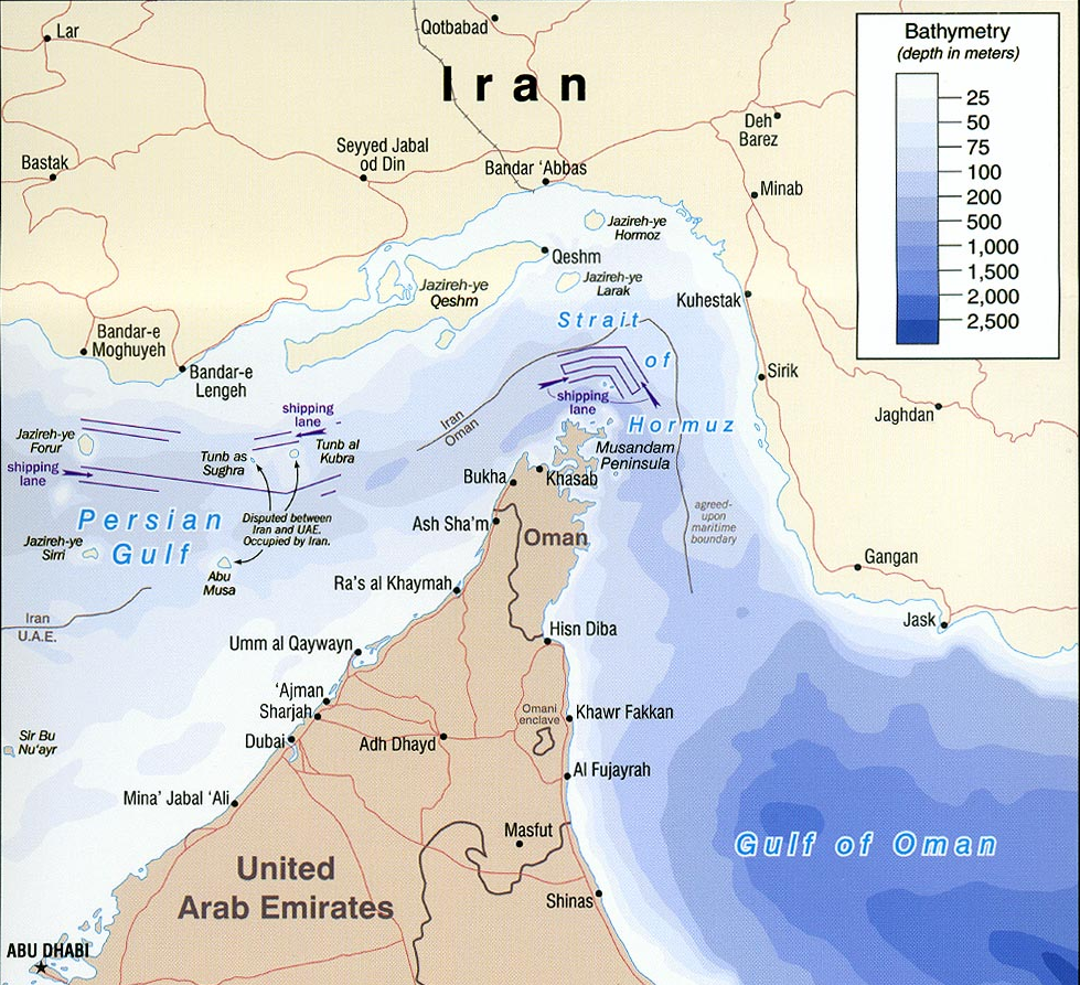 Map of the Strait of Hormuz separating the Persian Gulf (inland) from the Gulf of Oman