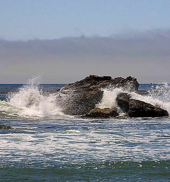 Ocean waves crashing against rocks on their way inshore.