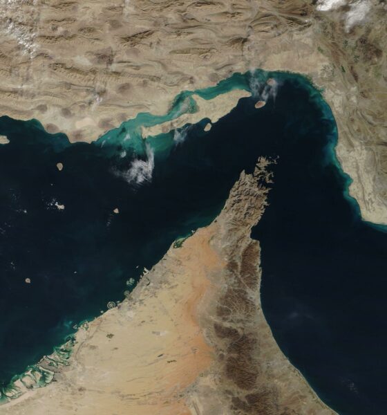 The Strait of Hormuz in true color, from the Moderate-resolution Imaging Spectrophotometer (MODIS), an instrument of the Terra satellite.