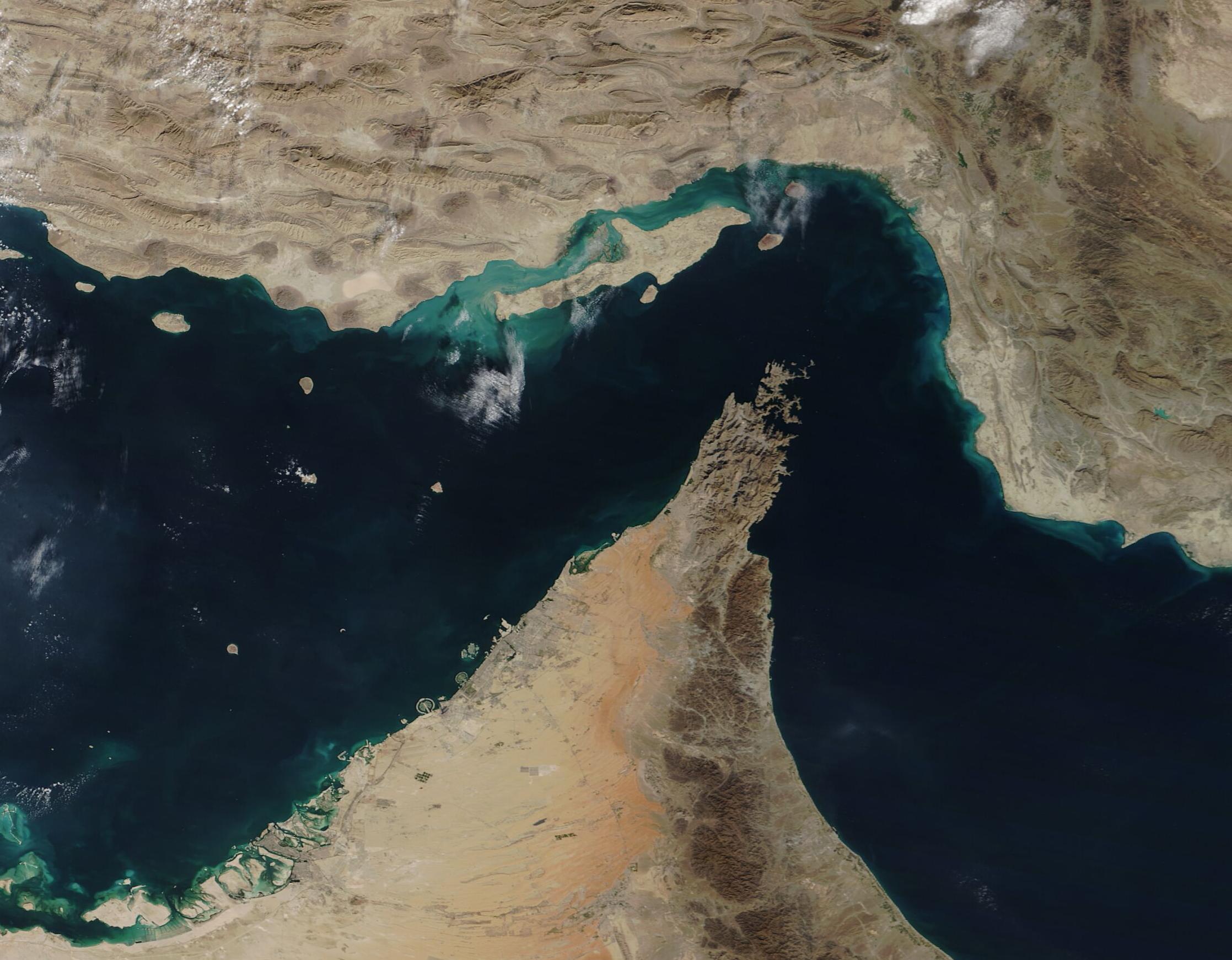 The Strait of Hormuz in true color, from the Moderate-resolution Imaging Spectrophotometer (MODIS), an instrument of the Terra satellite.