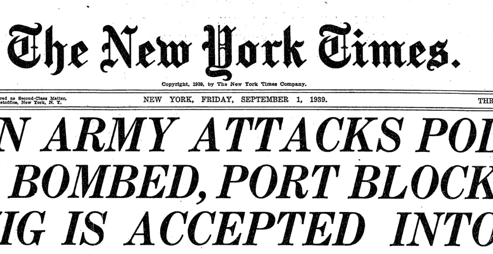 The New York Times masthead on September 1, 1939, as World War II arguably began.