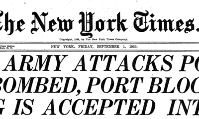 The New York Times masthead on September 1, 1939, as World War II arguably began.