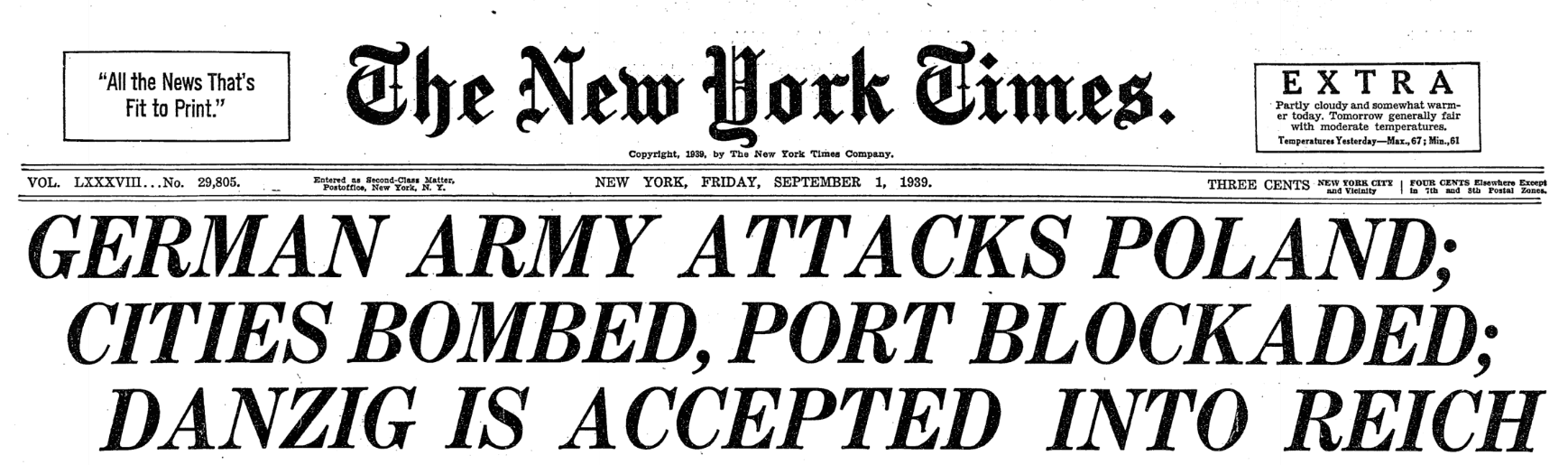 The New York Times masthead on September 1, 1939, as World War II arguably began.