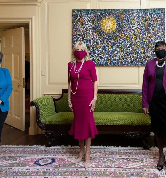 Randi Weingarten, Jill Biden EdD, and Becky Pringle, all wearing color-coordinated masks.
