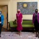 Randi Weingarten, Jill Biden EdD, and Becky Pringle, all wearing color-coordinated masks.