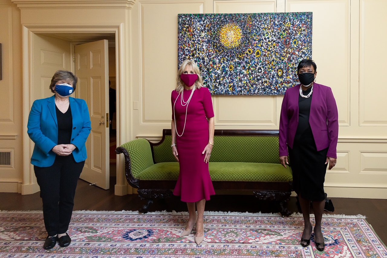 Randi Weingarten, Jill Biden EdD, and Becky Pringle, all wearing color-coordinated masks.