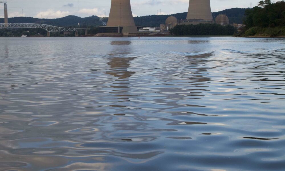 Two nuclear power plant cooling towers across a river, courtesy U.S. Fish and Wildlife Commission